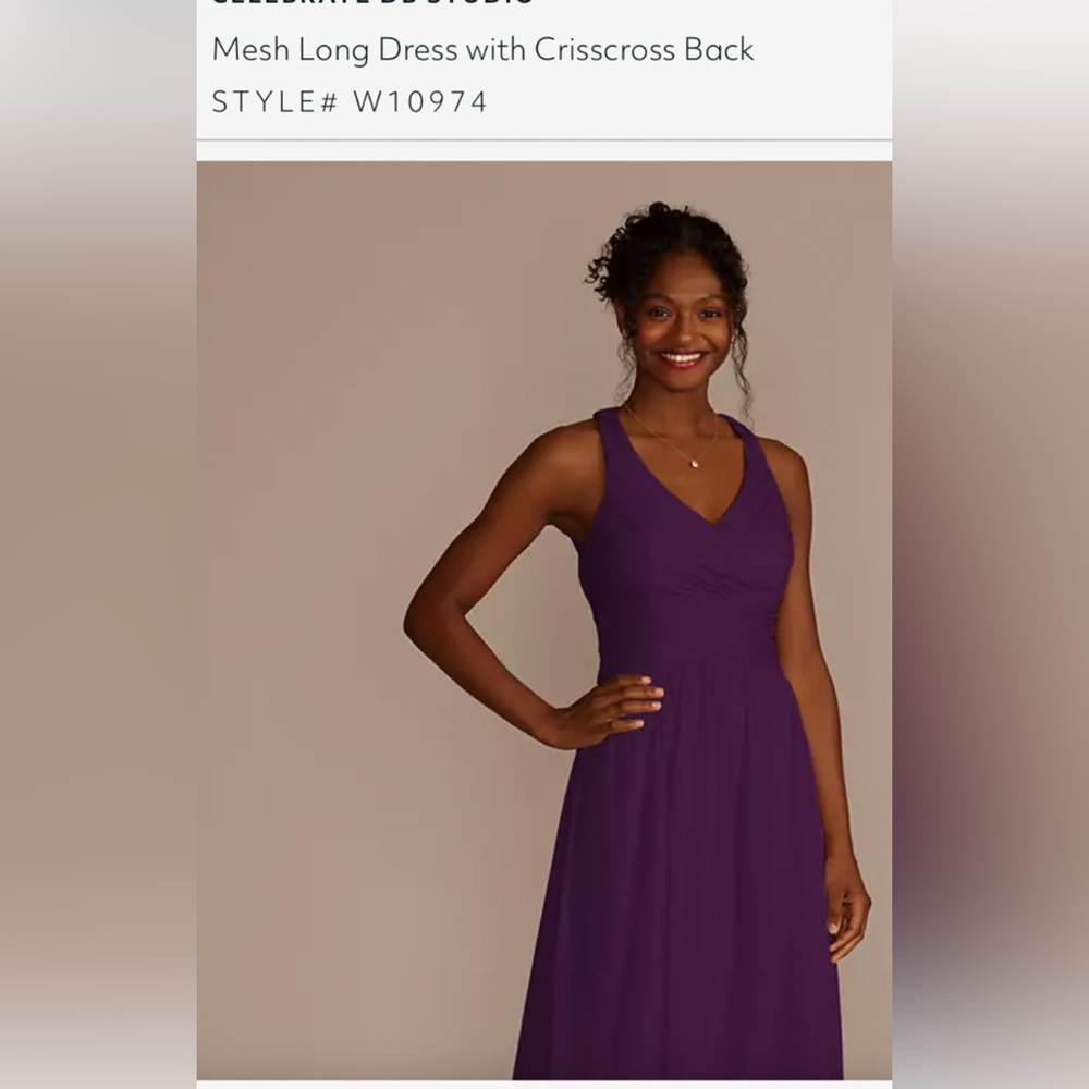 Plum Mesh Long Dress with Crisscross Back from David’s Bridal